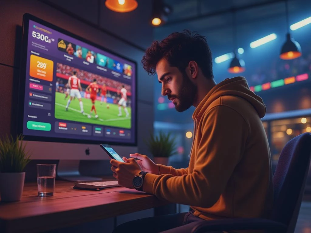 Apostador brasileiro utilizando aplicativo de apostas esportivas Betou em tempo real durante jogo de futebol, com odds flutuantes e estatísticas ao vivo na tela