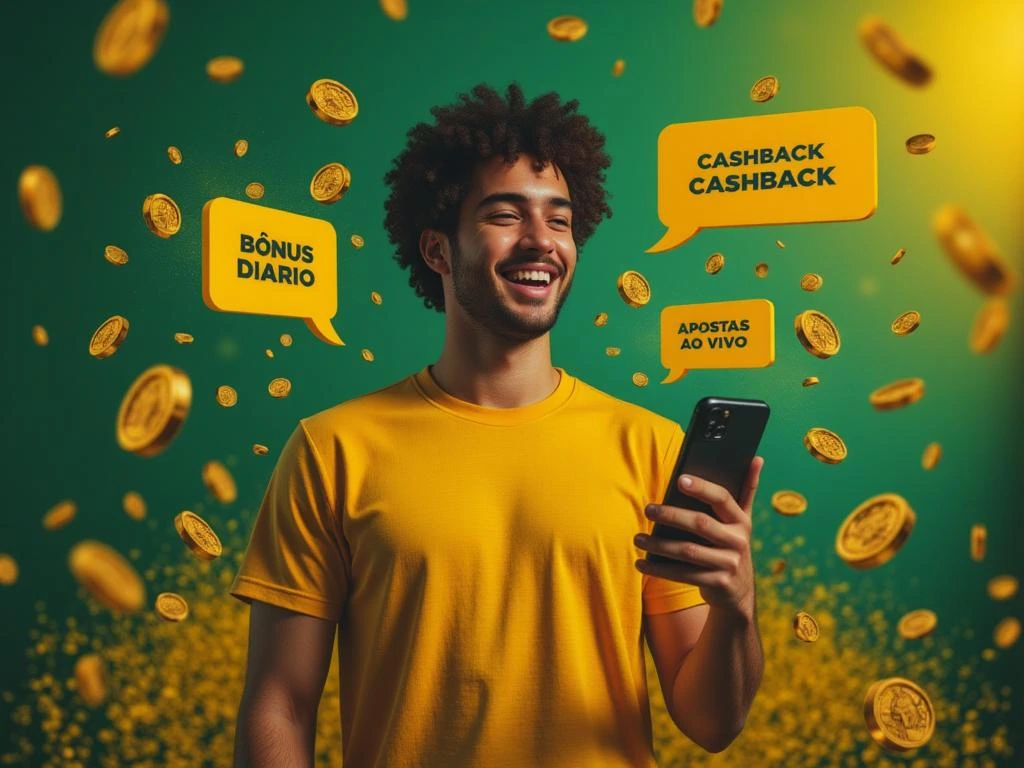 Homem feliz usando o aplicativo oficial Betou no celular, com bônus e cashback em destaque no fundo com tema brasileiro