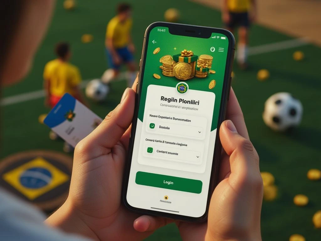 Pessoa usando o app da Betou no celular com CPF em mãos, ativando bônus de boas-vindas na tela de cadastro com ícones de segurança e esportes ao fundo.