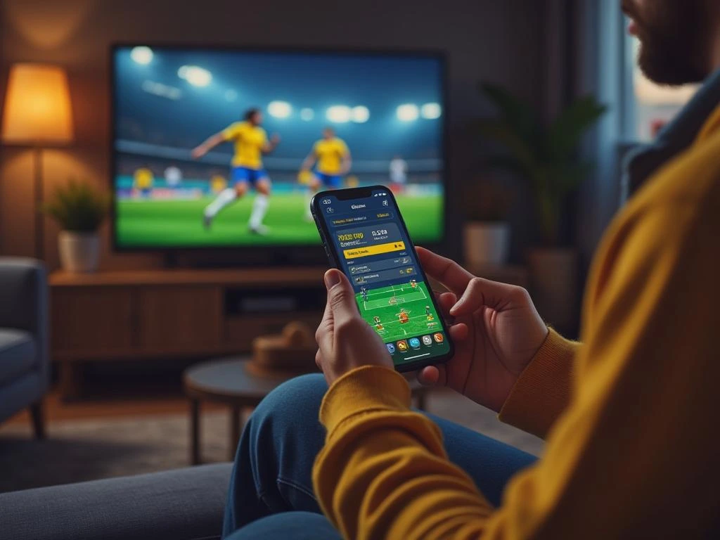 Apostador brasileiro usando o aplicativo Betou para apostar ao vivo em jogo de futebol europeu, com odds dinâmicas e estatísticas em tempo real na tela.