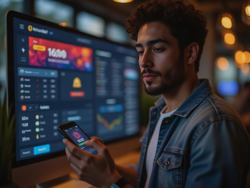 Usuário brasileiro acessando o site de apostas Betou Bet com smartphone, mostrando segurança no login com reconhecimento facial e autenticação em dois fatores.