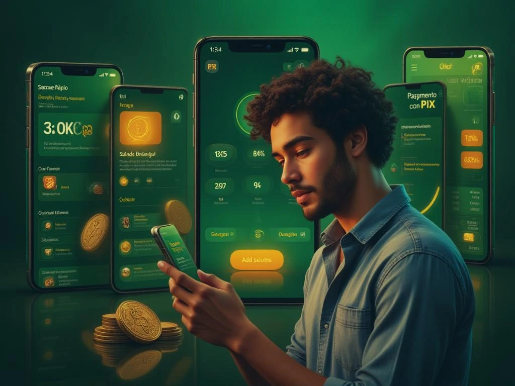 Usuário brasileiro usando o app Betou para consultar saldo e realizar saque via PIX com interface moderna e elementos de pagamento digital